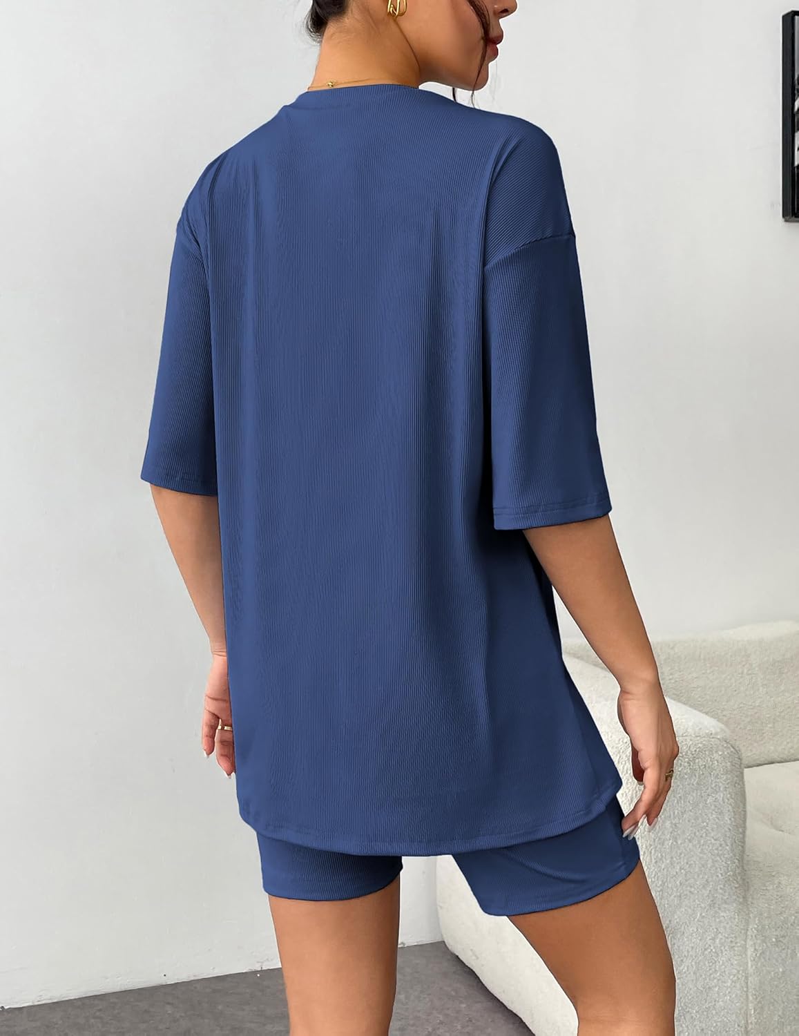 Navy blue ribbed knit lounge set with short-sleeve T-shirt and matching shorts, back view