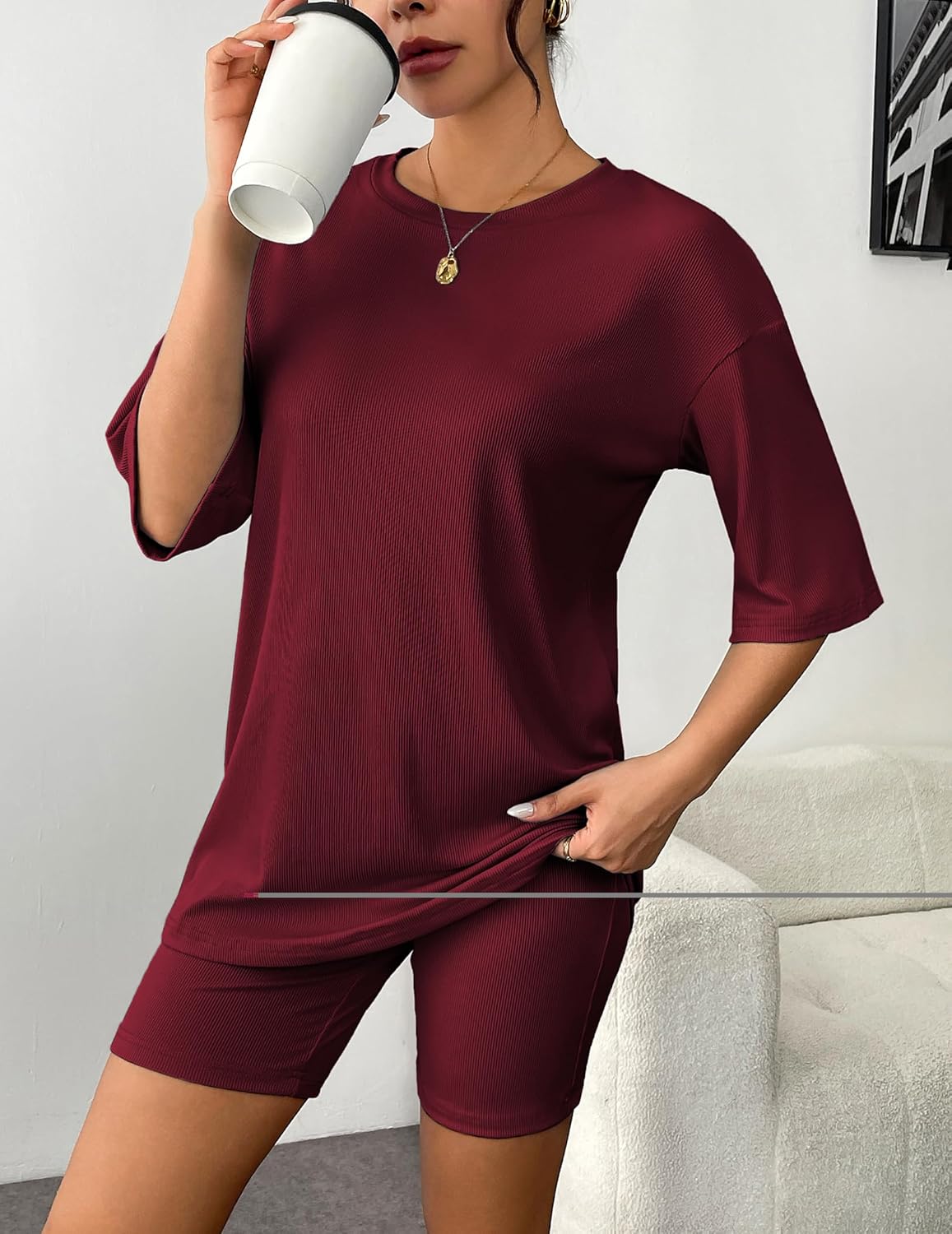 Wine red ribbed knit T-shirt and biker shorts lounge set, relaxed fit, crew neck