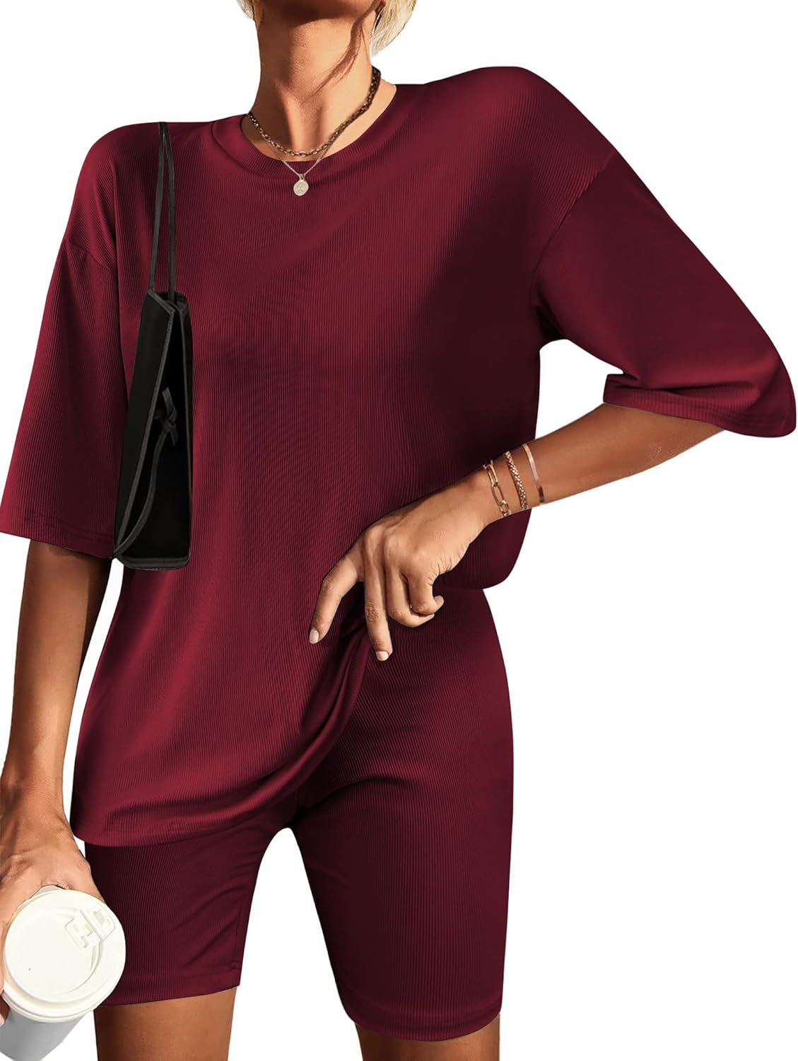 Wine red ribbed knit T-shirt and biker shorts lounge set, quarter sleeves, crew neck