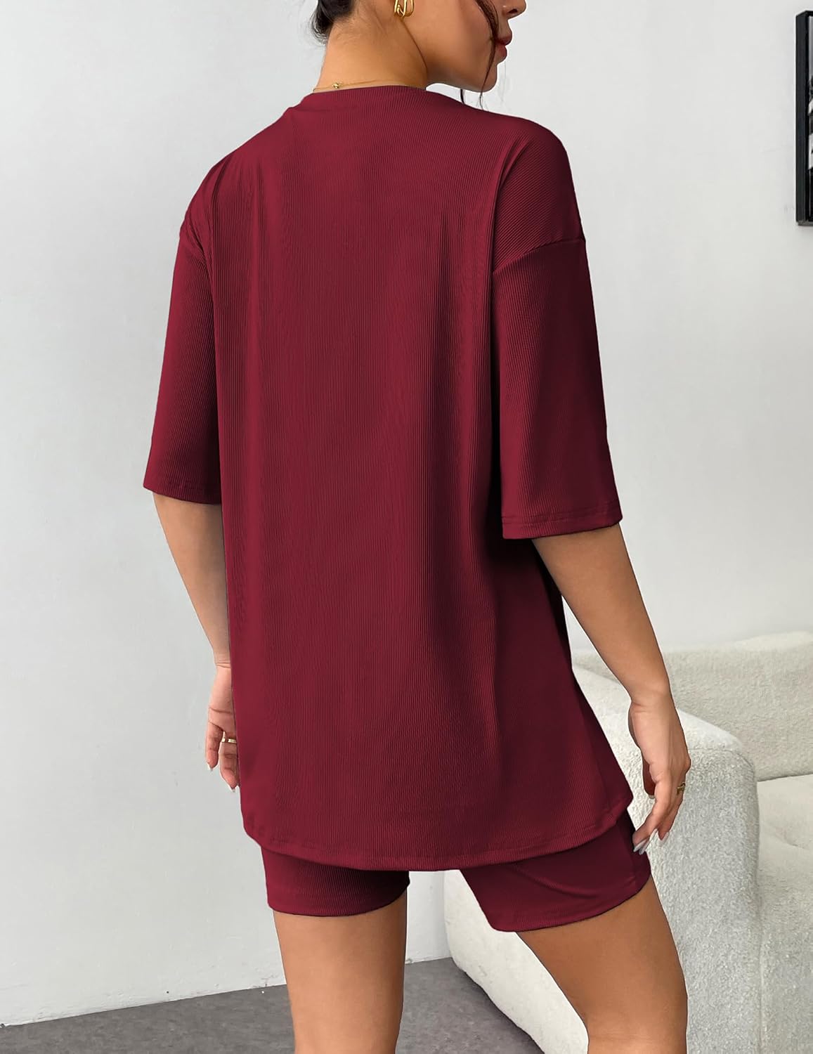 Wine red ribbed knit T-shirt and biker shorts lounge set, back view, crew neck