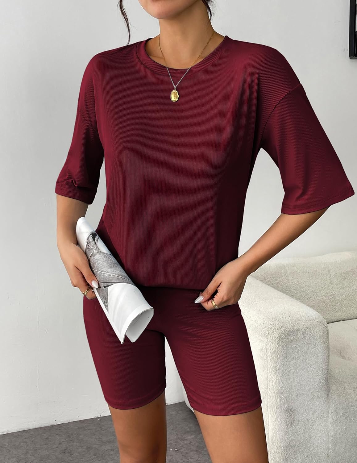 Wine red ribbed knit T-shirt and biker shorts lounge set, side view, crew neck