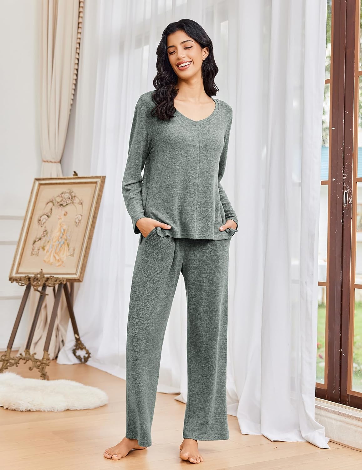 2-piece lounge set V-neck long-sleeve top and wide-leg pants, army green