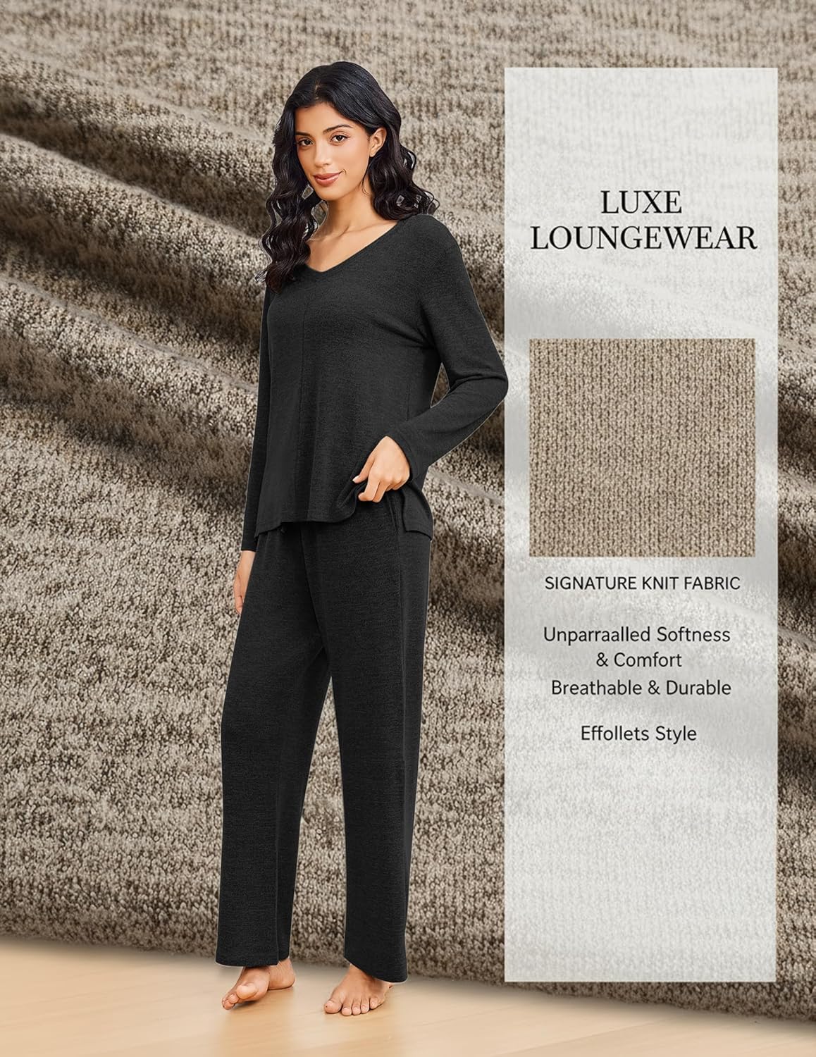 Zweiteiliger Lounge-Set V-Ausschnitt, lange Ärmel und Hose im Stricklook, Schwarz (Grau-Schwarz)