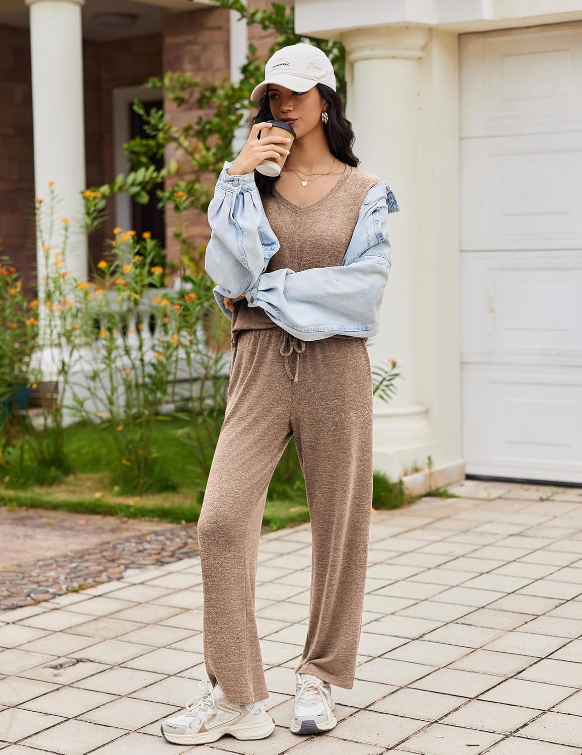 Two-piece lounge set in taupe/brown: V-neck long-sleeve top and drawstring pants