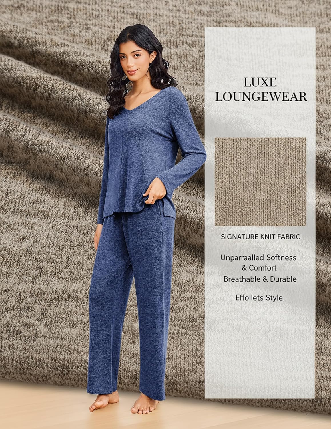 Two-piece lounge set in blue/navy: V-neck long-sleeve top and matching wide-leg pants
