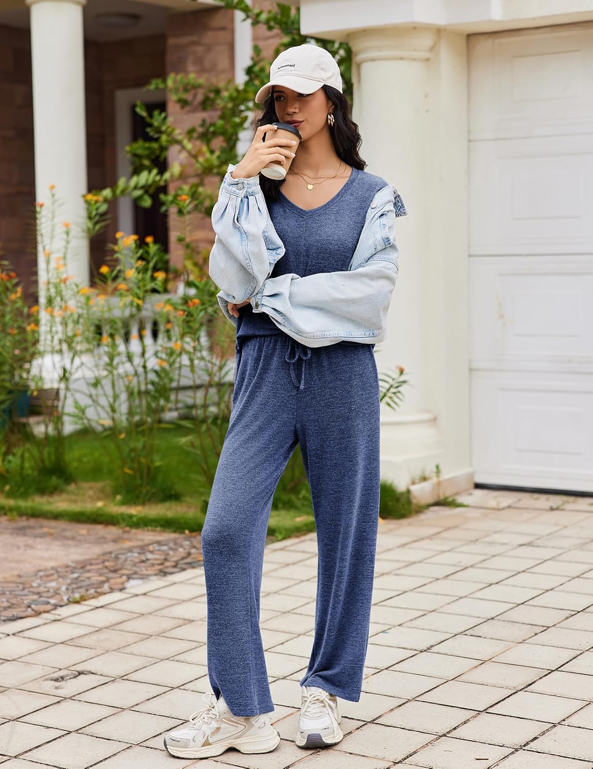 Two-piece lounge set in navy blue: V-neck long-sleeve top and drawstring pants