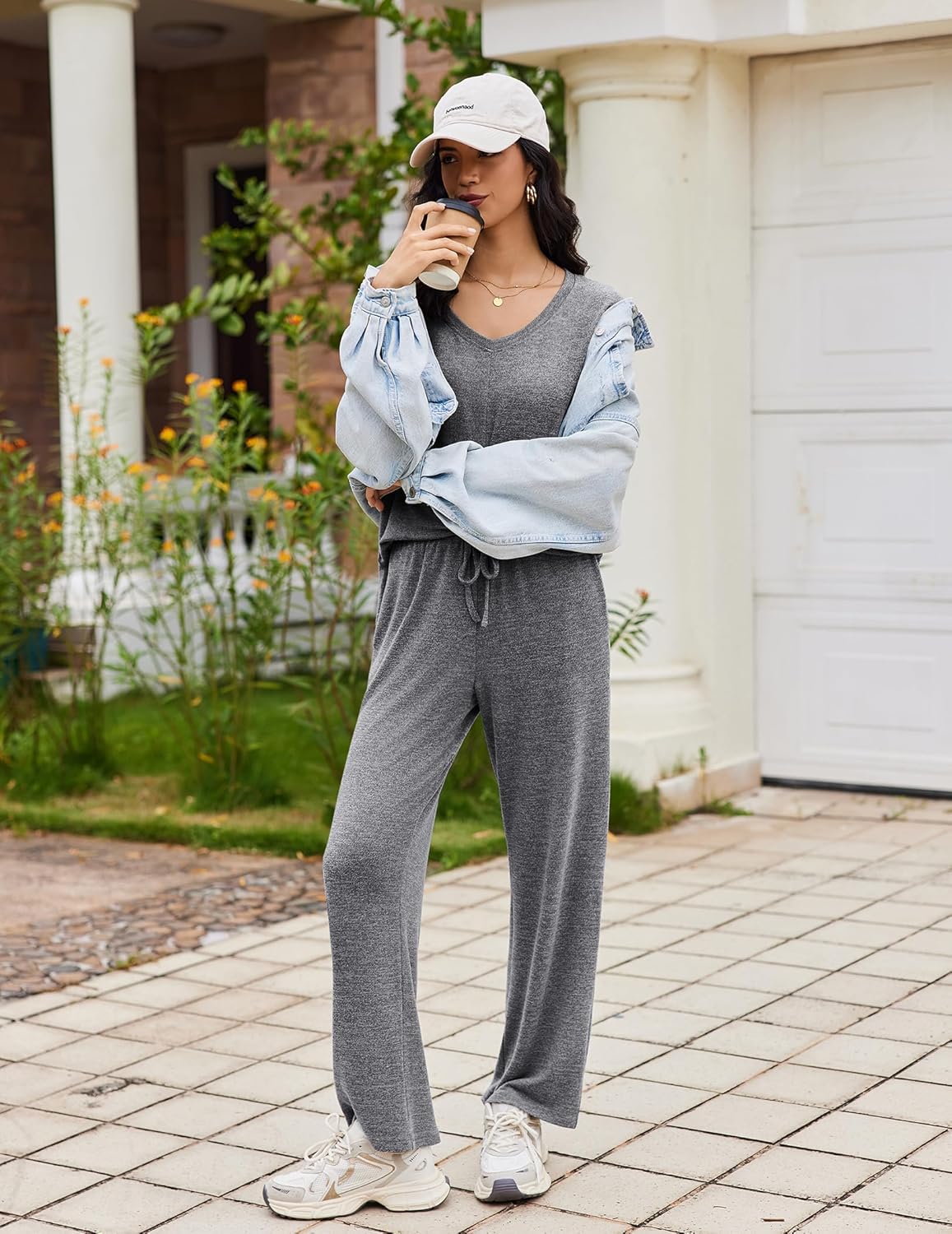 Gray 2-piece lounge set with V-neck long-sleeve top and wide-leg pants