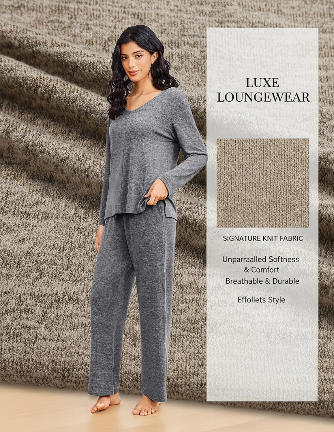Zweiteiliger Lounge-Set V-Ausschnitt, lange Ärmel und Hose im Stricklook, Hellgrau