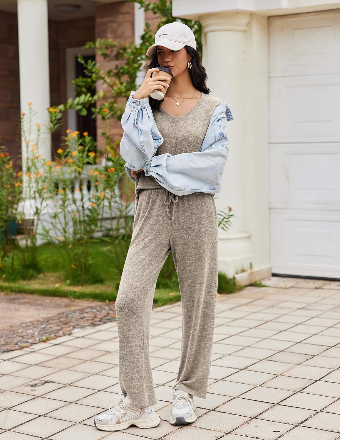 Two-piece lounge set in taupe/brown: V-neck top with matching drawstring lounge pants