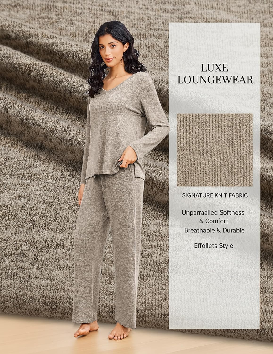 Two-piece lounge set in medium gray: V-neck long-sleeve top and matching wide-leg pants