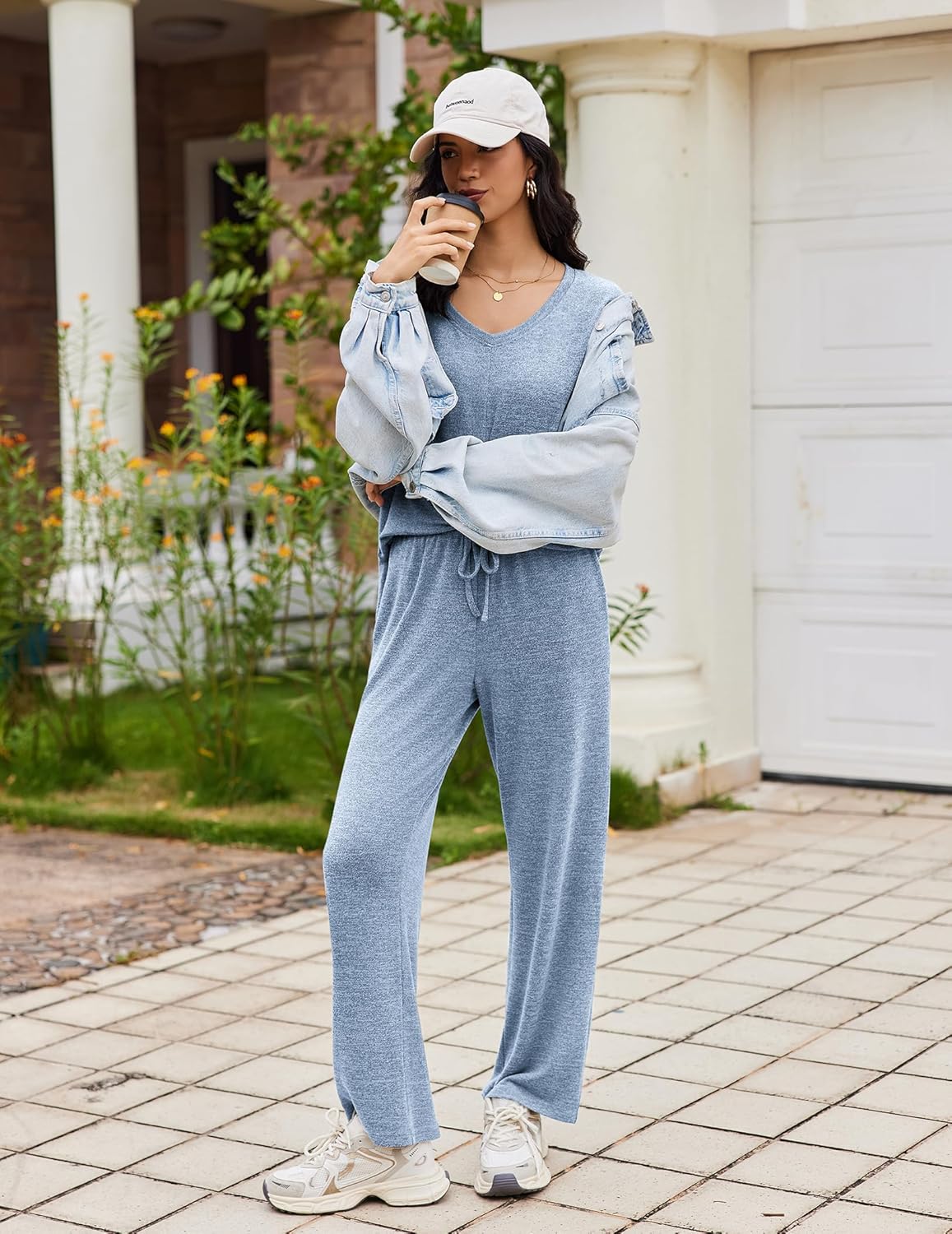 2-piece lounge set V-neck top and wide-leg pants, light blue