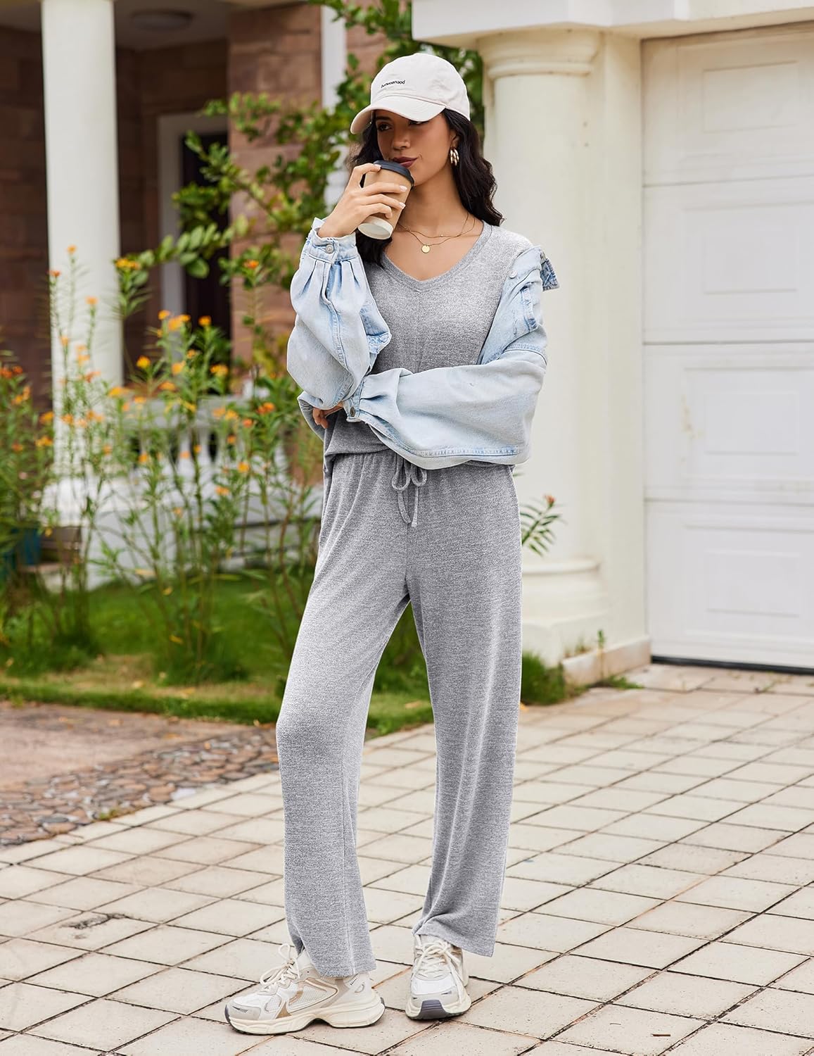 Gray matching pajama set, V-neck top with drawstring wide-leg pants