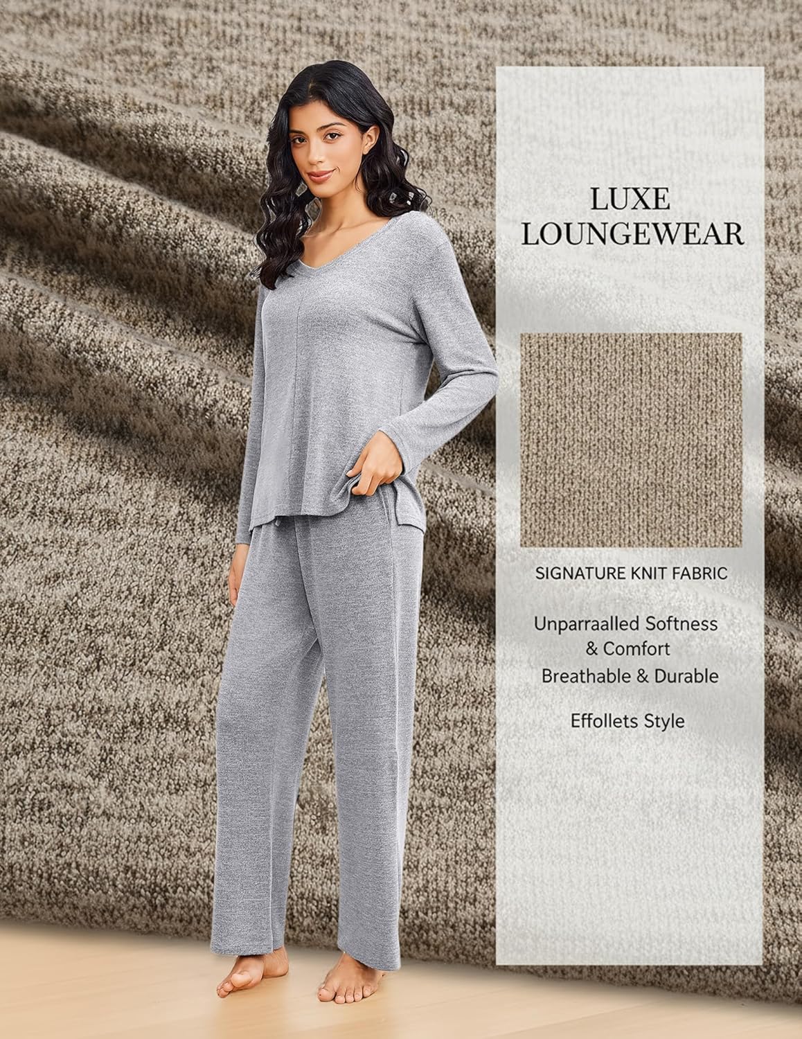 Gray lounge pajama set: long-sleeve V-neck top with matching wide-leg pants