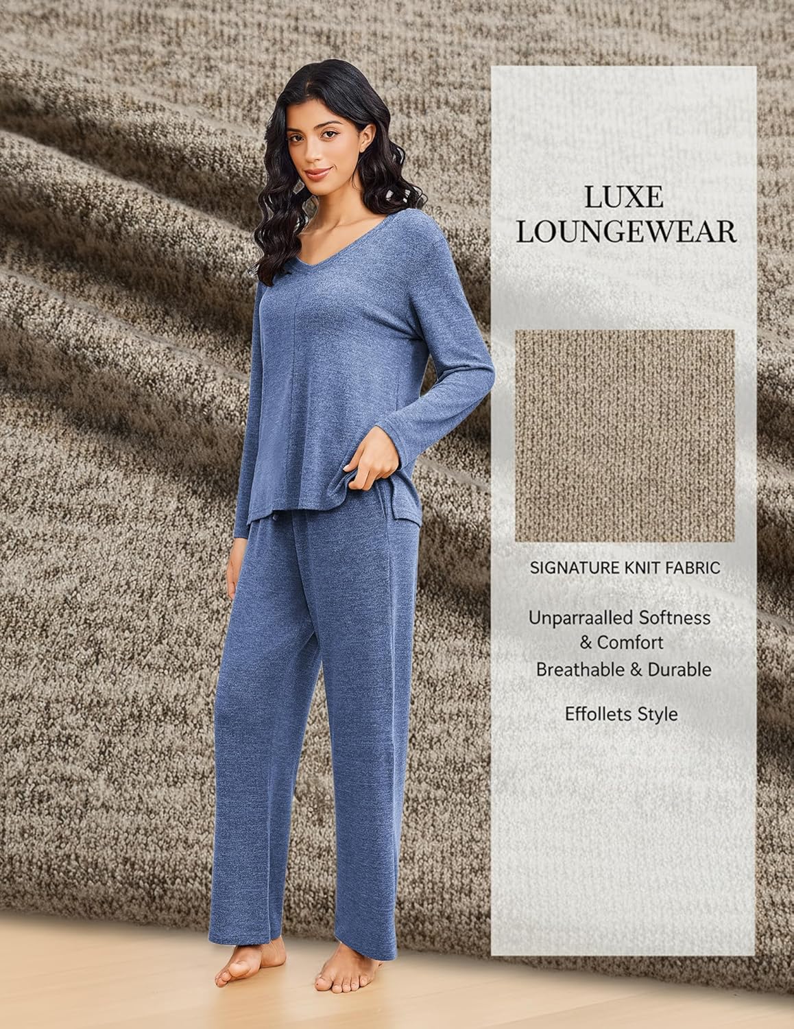 Zweiteiliger Lounge-Set V-Ausschnitt mit langen Ärmeln und Hose, Blau im Stricklook