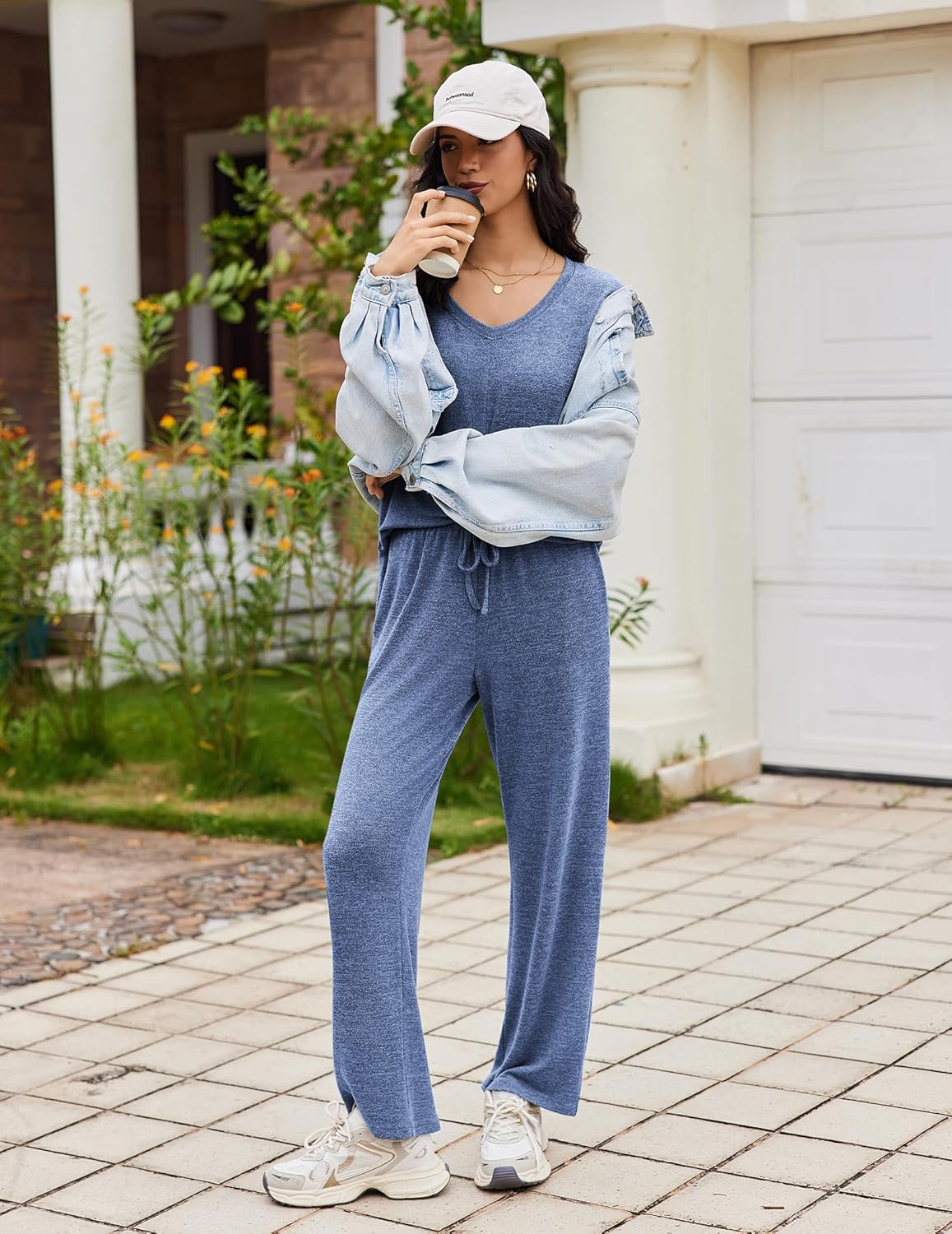 Zweiteiliger Lounge-Set V-Ausschnitt mit langen Ärmeln und passenden Hosen, Denimblau