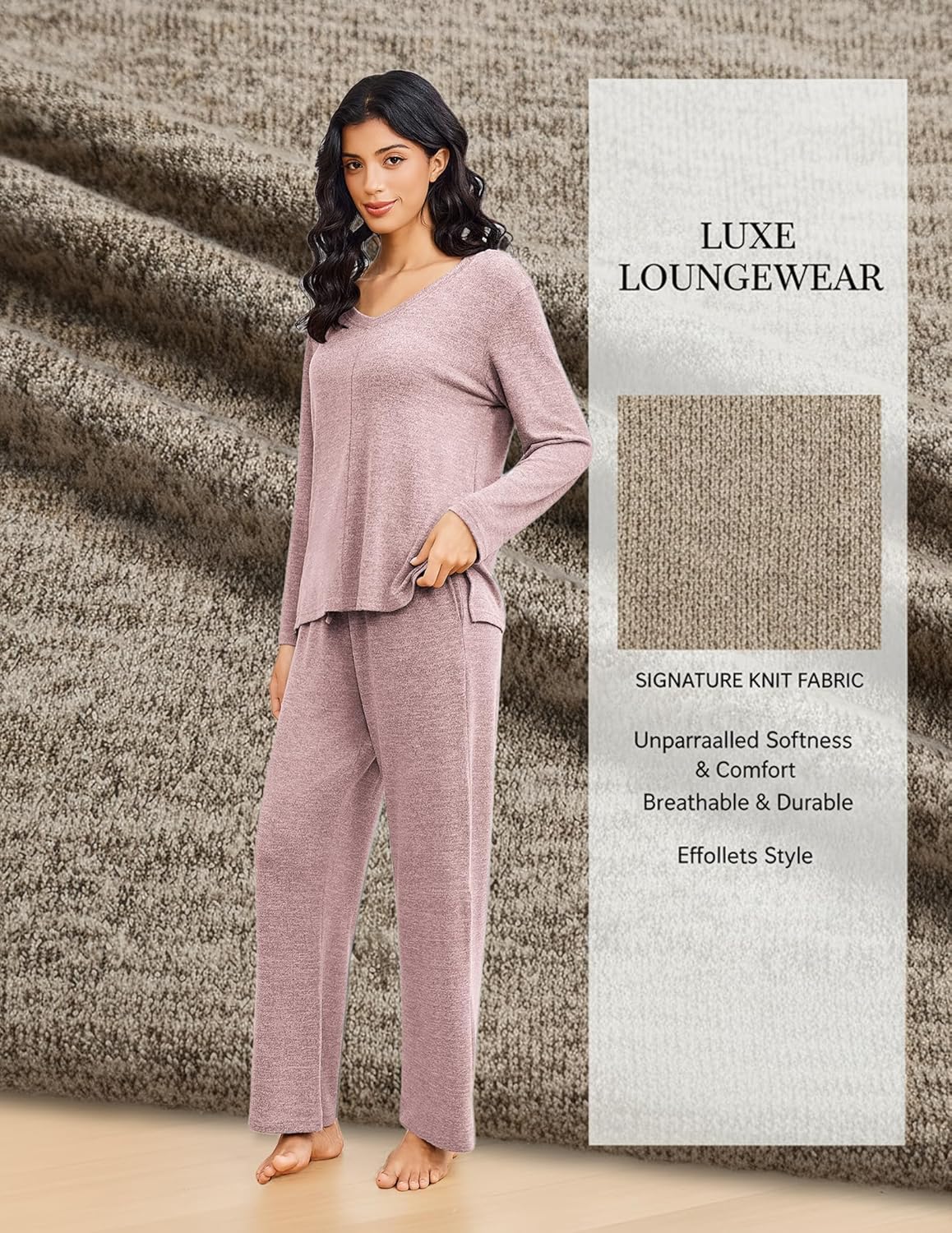 Two-piece lounge set in mauve/pink: V-neck long-sleeve top and matching wide-leg pants