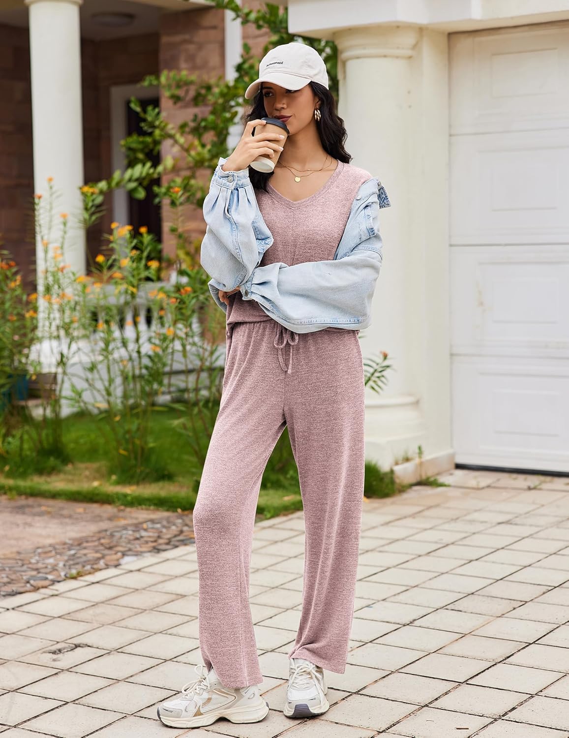 Two-piece lounge set in mauve/pink: V-neck top and drawstring pants, relaxed fit