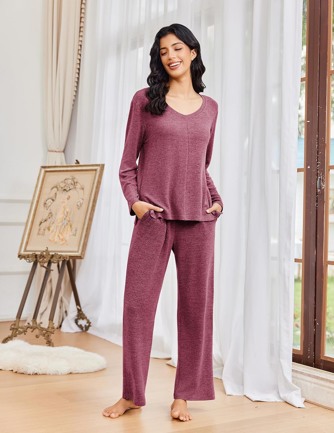 2-piece lounge set V-neck long-sleeve top and wide-leg pants, red