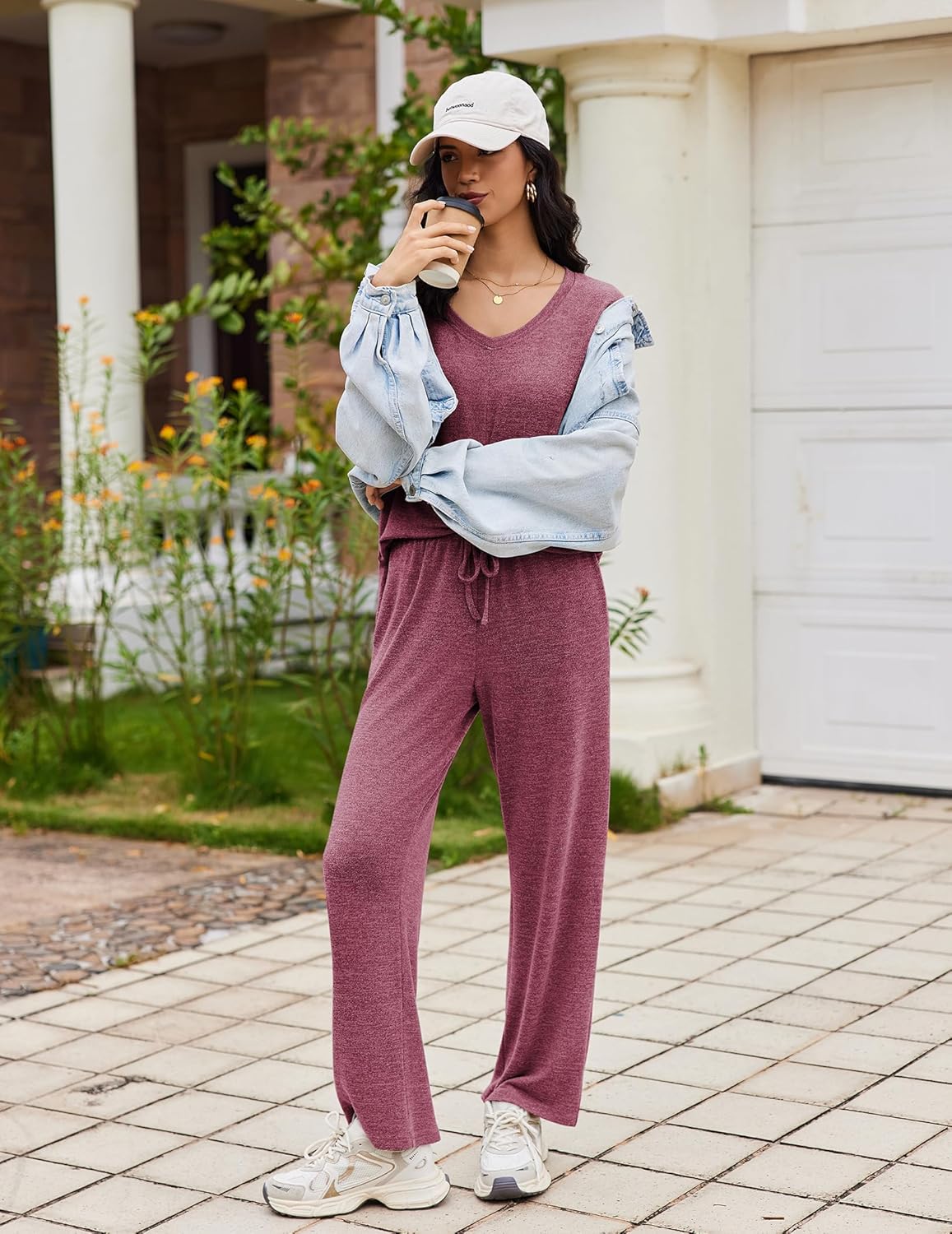 Red V-neck lounge set with long-sleeve top and wide-leg pants