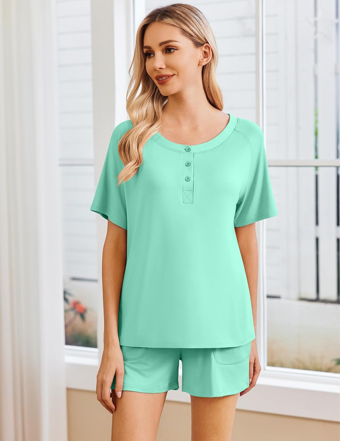 Lounge set (Light Green): short-sleeve henley top with button placket and pocket shorts
