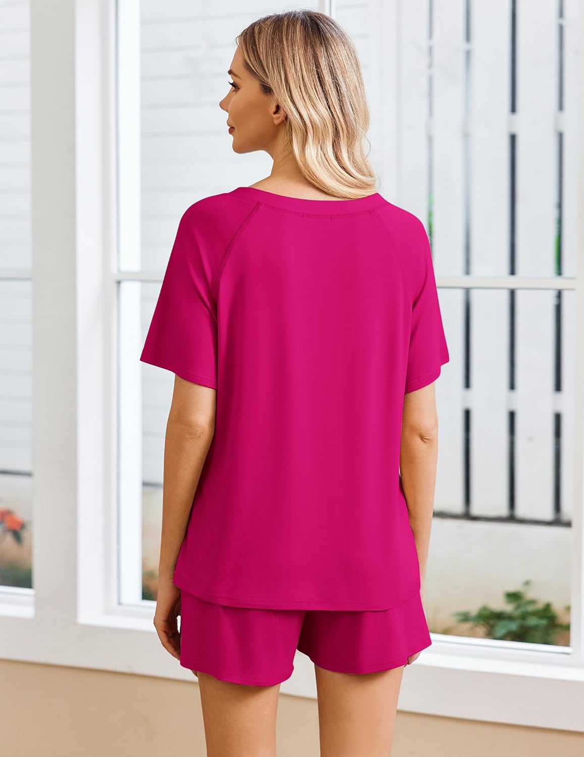 Rose Red lounge set: back view of short-sleeve top with matching pocket shorts