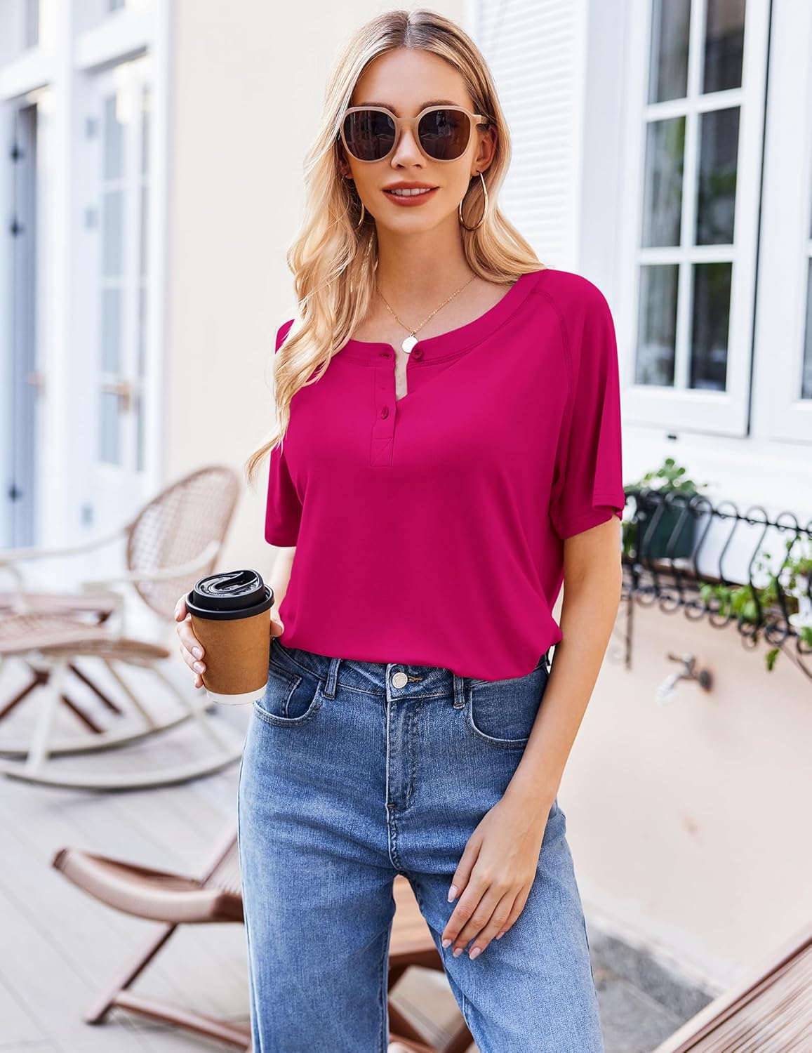 Rose Red lounge set: front henley top with 3 buttons and matching pocket shorts