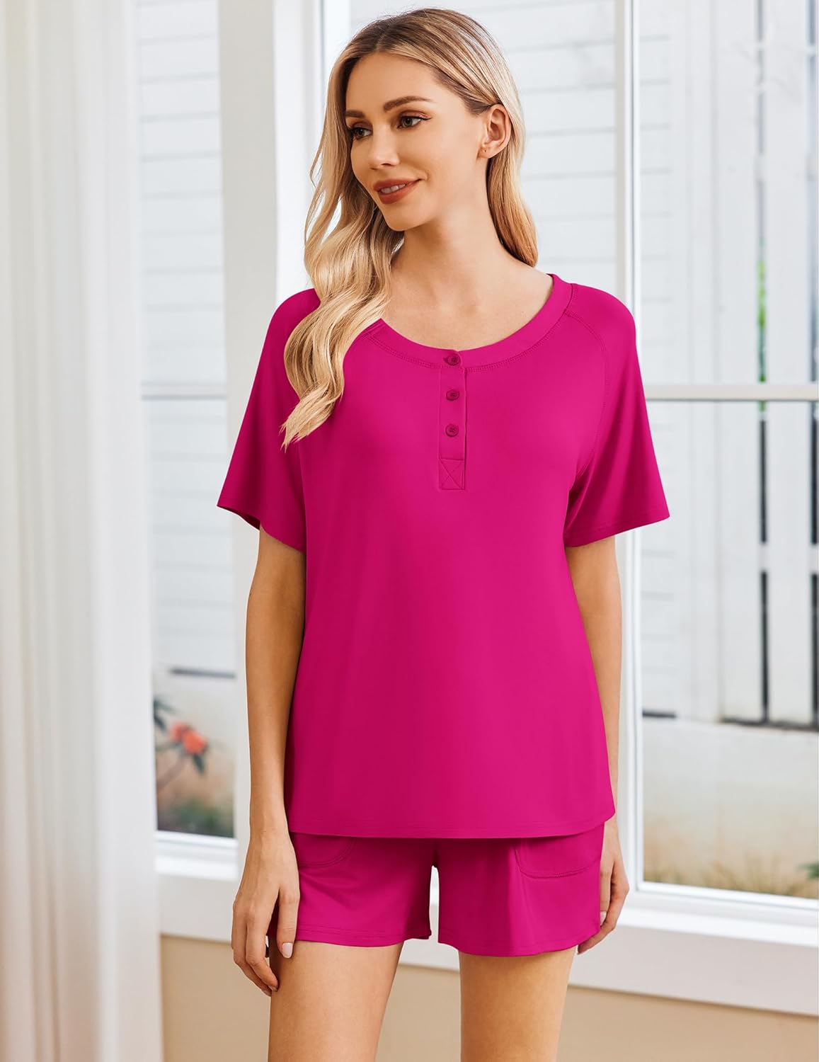 Lounge set (Rose Red): short-sleeve henley top with button placket and pocket shorts