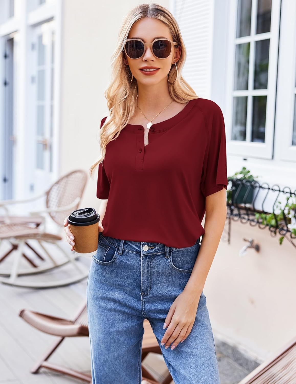 Wine Red lounge set: front view of button henley top and matching pocket shorts