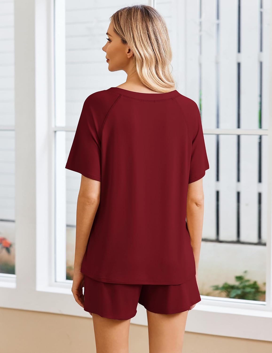 Wine Red lounge set: back view of short-sleeve top with matching pocket shorts