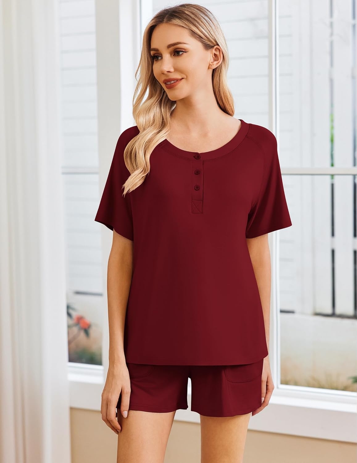 Lounge set (Wine Red): short-sleeve henley top with button placket and pocket shorts