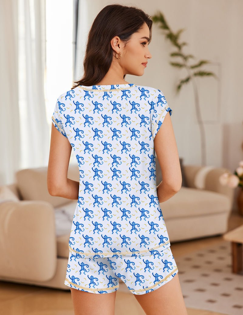 Light blue printed loungewear set with short-sleeve top and shorts, back view
