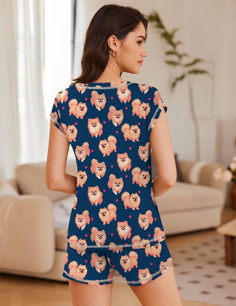 Navy bear-print loungewear set with short-sleeve top and shorts, back view