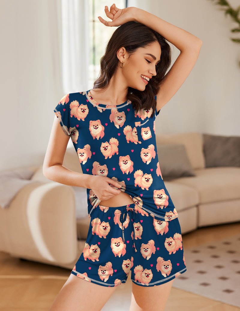 Navy two-piece loungewear set with cute bear print short-sleeve top and shorts