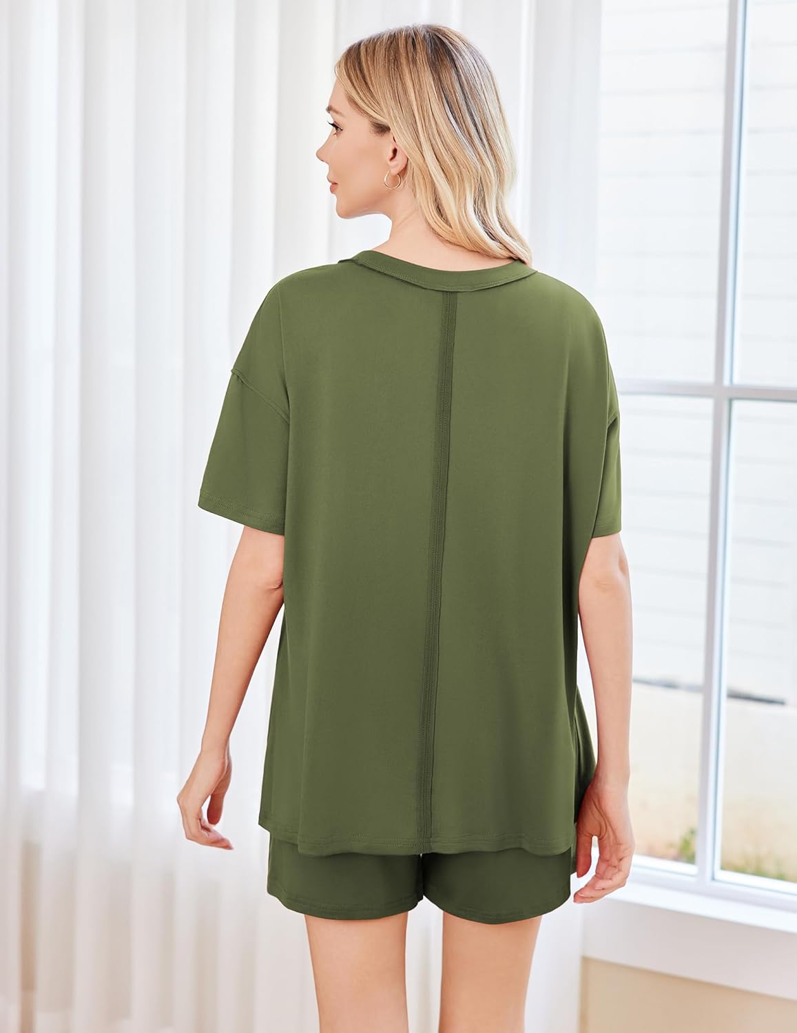 Olive green short-sleeve pajama set with matching shorts, scoop neck, back view