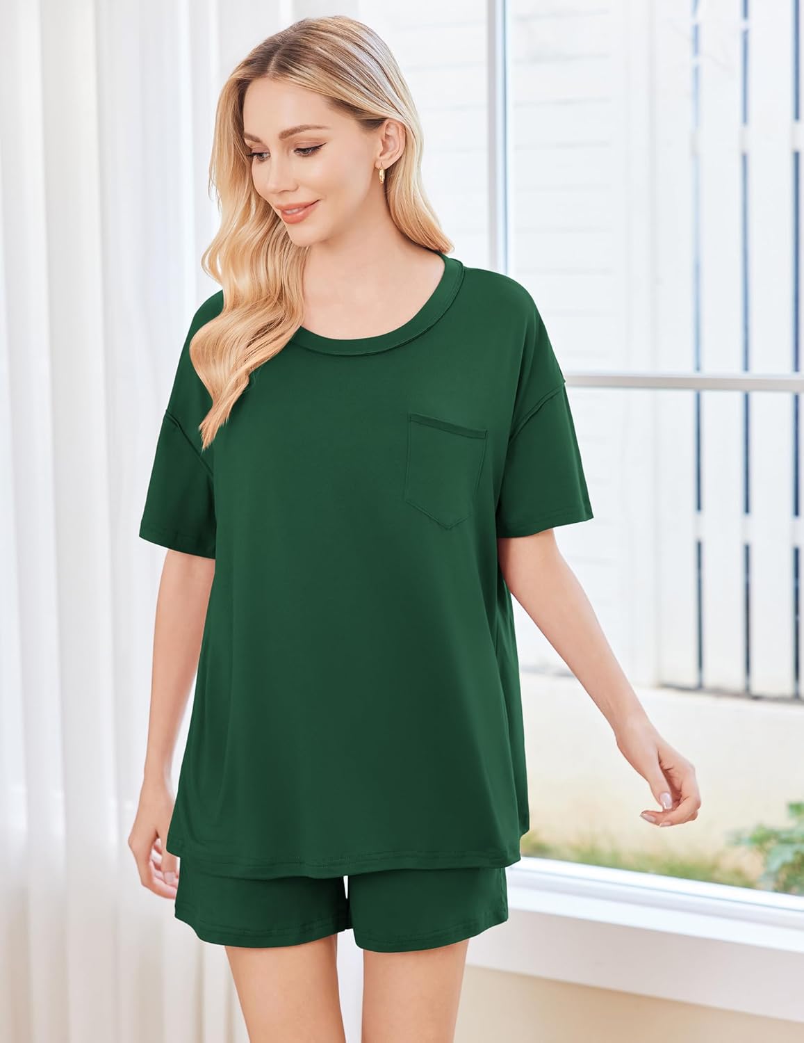 2-piece pajama set, dark green short-sleeve top and matching shorts