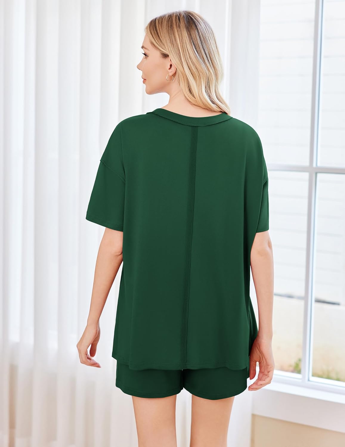 2-piece pajama set, dark green back view of short-sleeve top with matching shorts