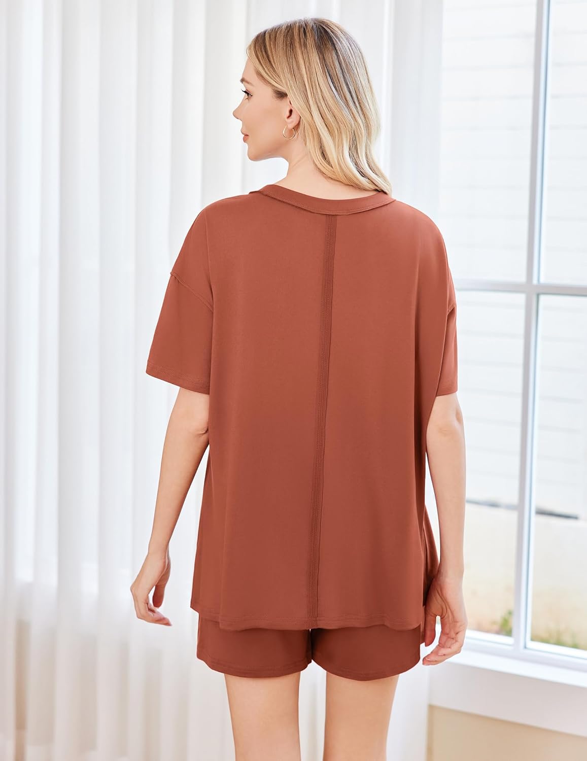 Clay pajama set back view: loose short-sleeve top and matching shorts
