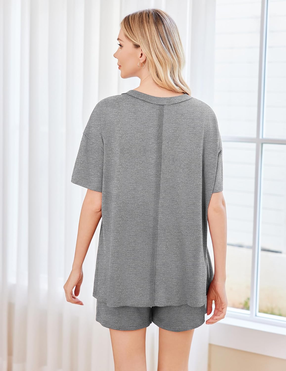 Grey short-sleeve pajama set with matching shorts, scoop neck, back view