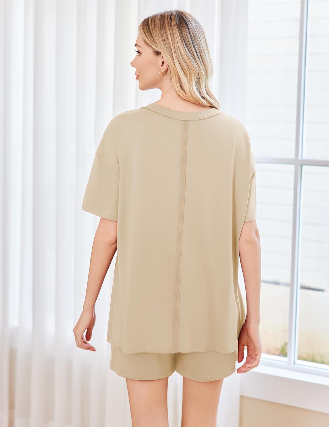 Khaki pajama set back view: short-sleeve top and matching shorts