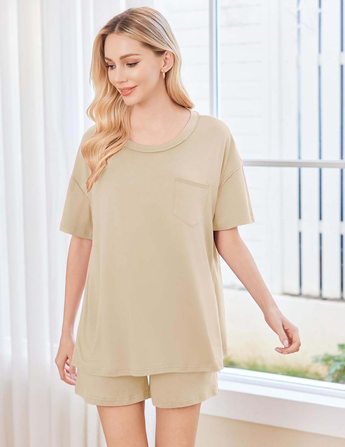 Khaki 2-piece pajama set: short-sleeve top with pocket and matching shorts