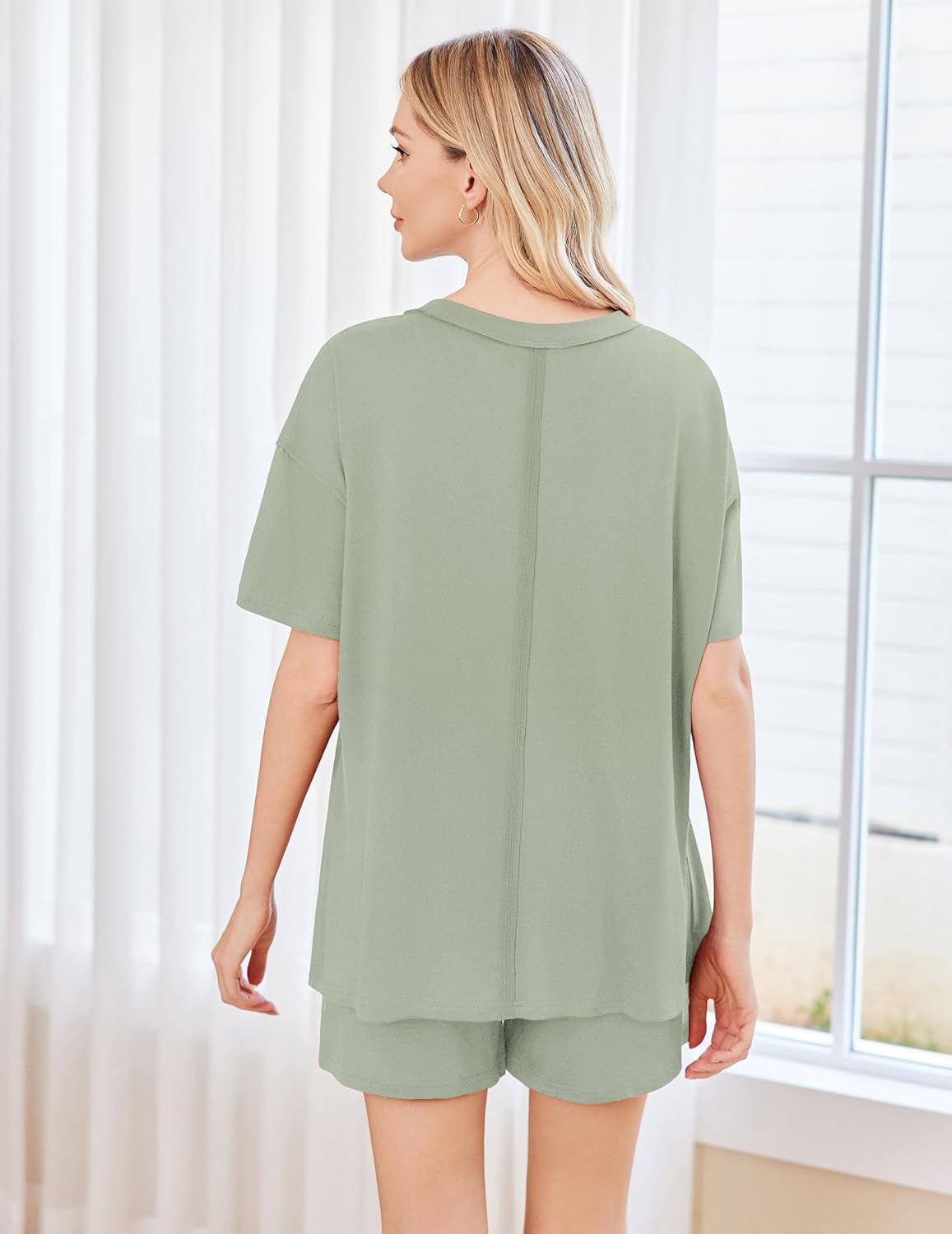 Olive green short-sleeve pajama set with matching shorts, scoop neck, back view