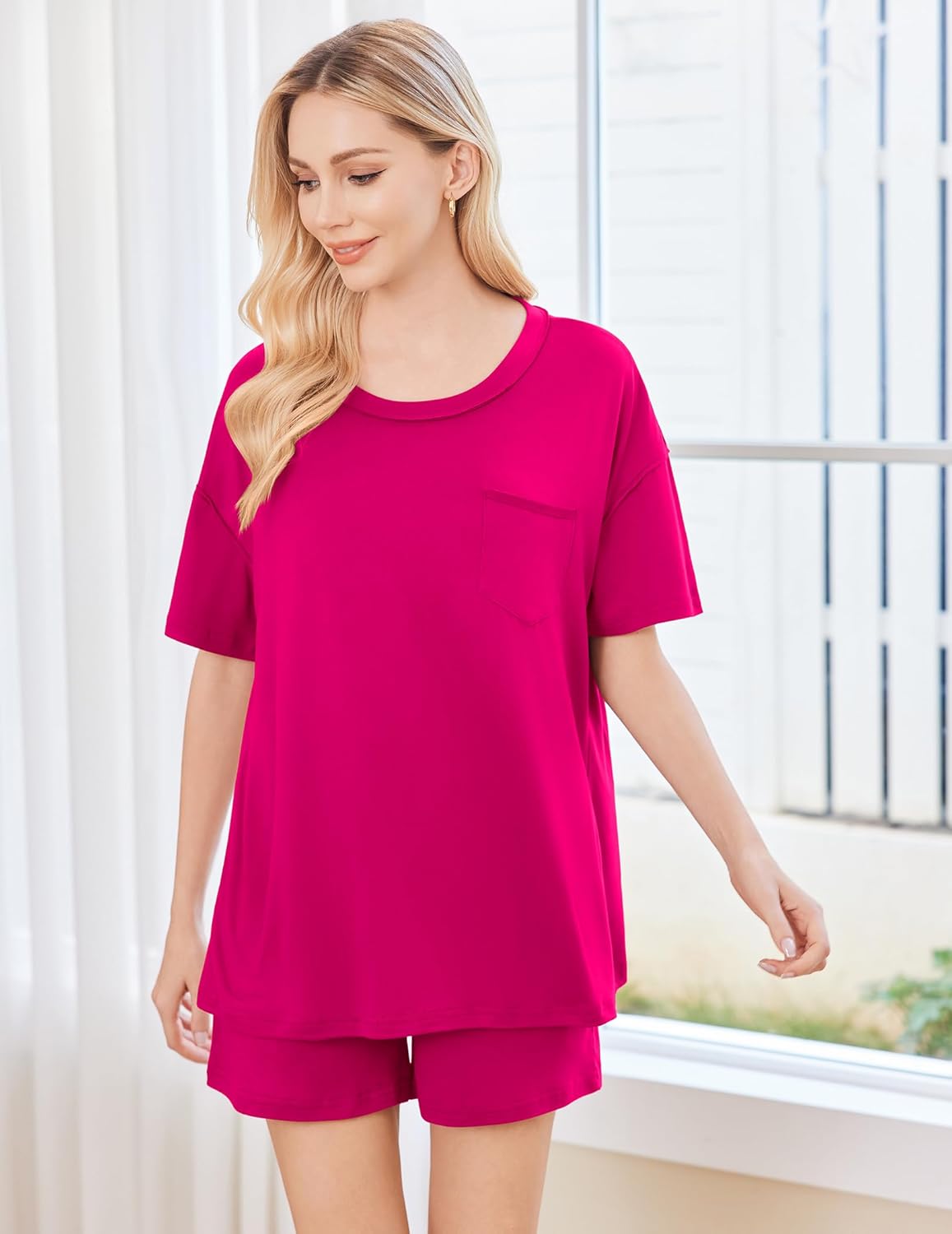 Bright pink 2-piece pajama set: short-sleeve top and matching shorts