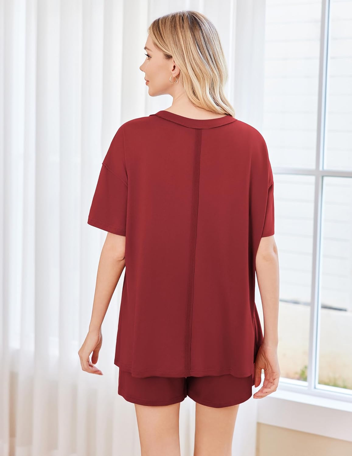 Wine red pajama set back view: short-sleeve top and matching elastic-waist shorts