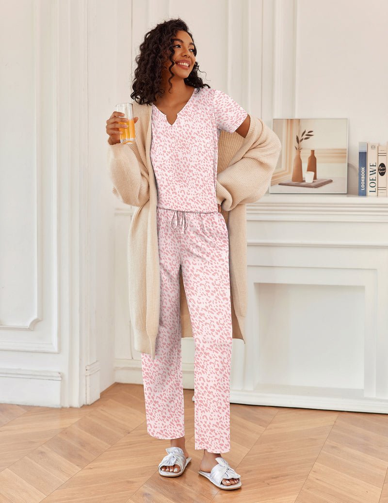 2-piece pajamas, light pink leopard print V-neck top with long elastic-waist pants