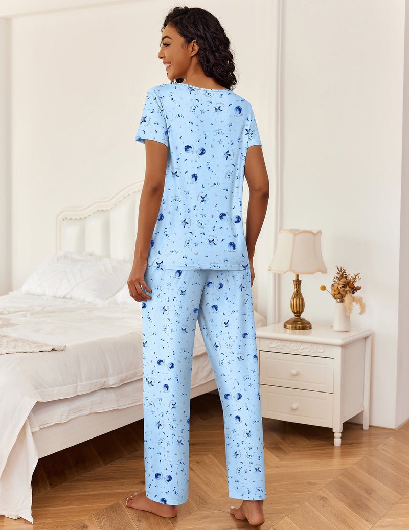 2-piece pajamas, blue star print V-neck top with long straight pants, back view