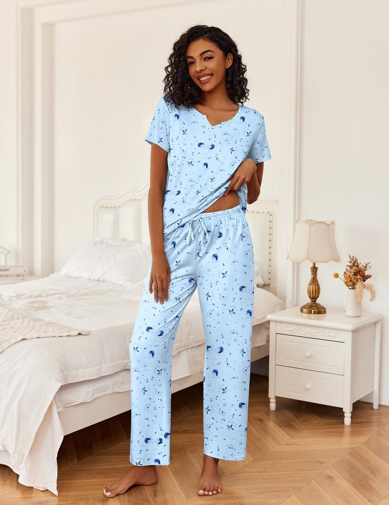 2-piece pajamas, blue star print V-neck short-sleeve top and long pants