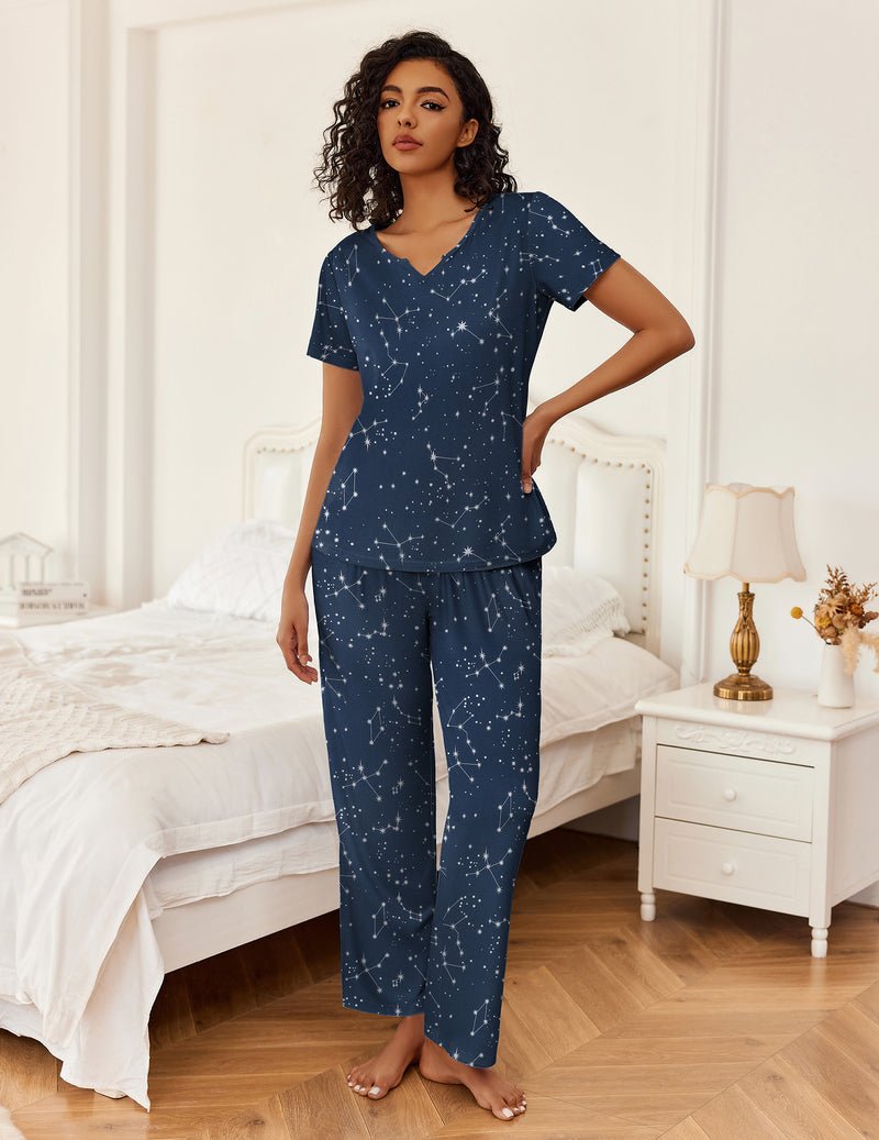 2-teiliger Pyjama: V-Ausschnitt Kurzarmoberteil & lange Hose, Blaue Sterne