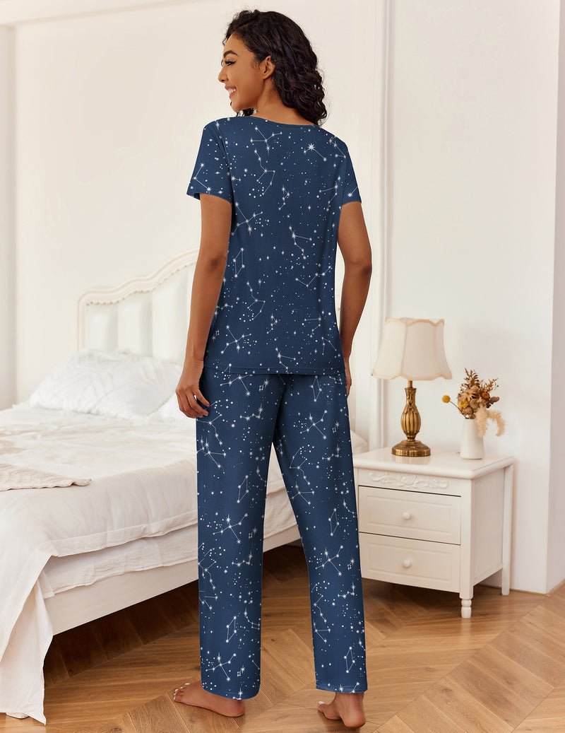 2-teiliger Pyjama-Set: V-Ausschnitt Shirt, kurze Ärmel, lange Hose, Blaue Sterne