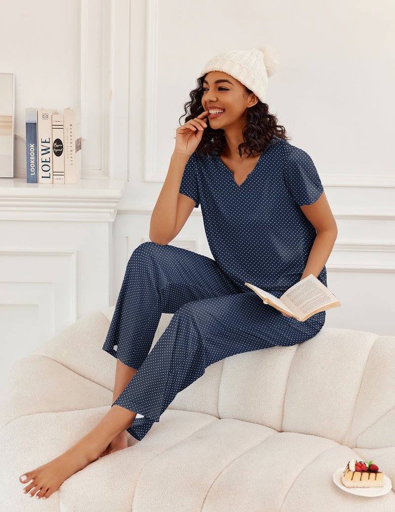 2-teiliger Pyjama: V-Ausschnitt, Kurzarm-Top & lange Hose, Navy Polka Dot