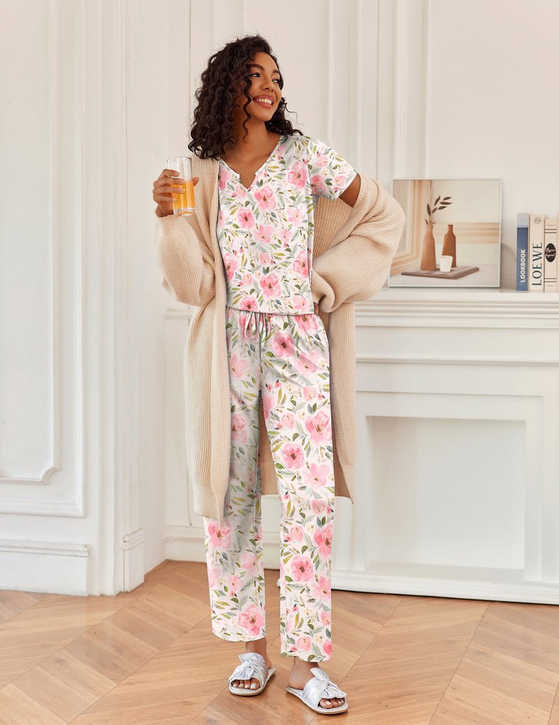 2-piece pajamas, white floral print V-neck short-sleeve top and long elastic-waist pants